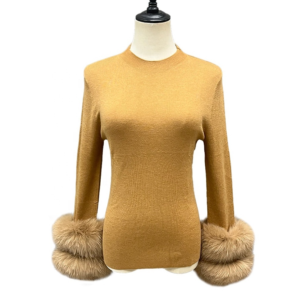 Women Pullover Sweater Winter Fox Fur Cuff High Quality Turtleneck Cardigan Sweater