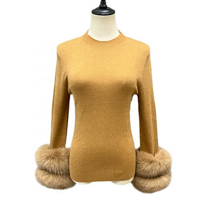 Women Pullover Sweater Winter Fox Fur Cuff High Quality Turtleneck Cardigan Sweater