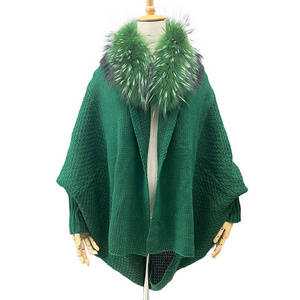 Wholesale Batwing Sleeve Fur Shawl Women Soft Fur Poncho with Real Raccoon Fur Collar