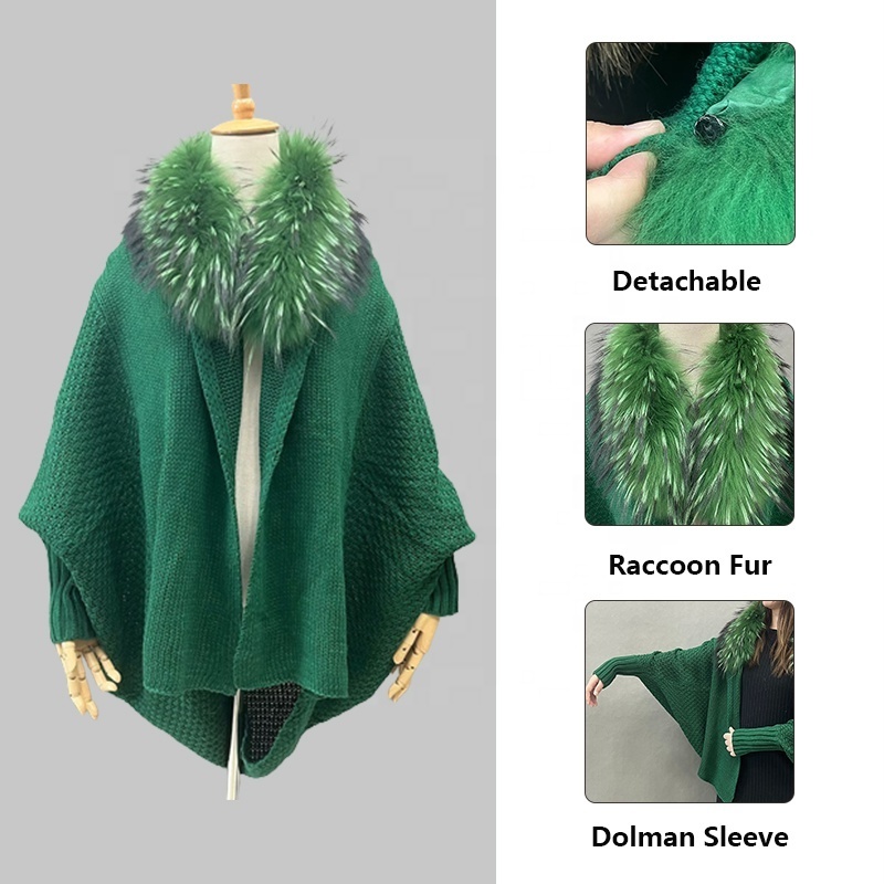 High Quality Luxury Cape Fur Poncho Genuine Raccoon Fur Collar Women Knitted Fur Cardigans Sweater