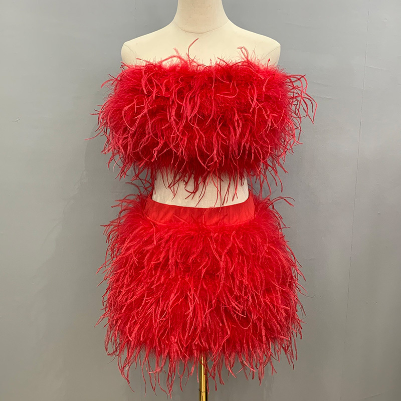 New Red Backless Vest Summer Ladies Luxurious Fur Wrap Fashion Ostrich Feather Top And Skirt Set