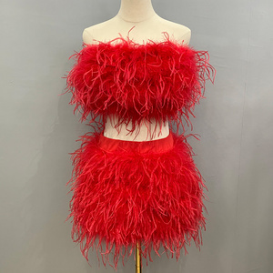 New Red Backless Vest Summer Ladies Luxurious Fur Wrap Fashion Ostrich Feather Top And Skirt Set