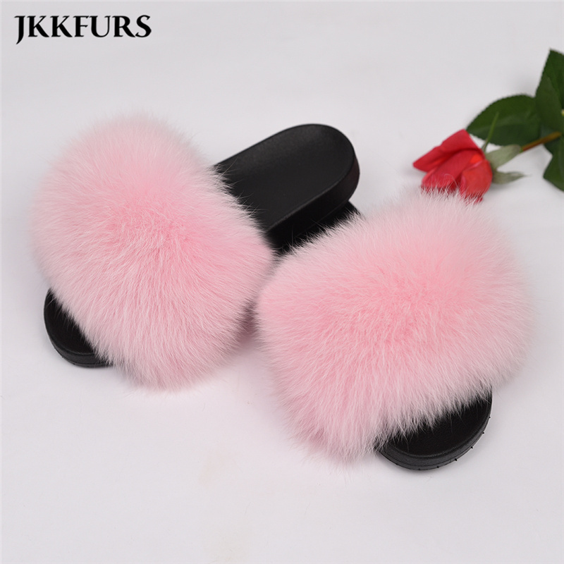 Women Wholesale Real Fox Fur Slide Slipper Cheap Fur Slides Big Fluffy Fur Slippers