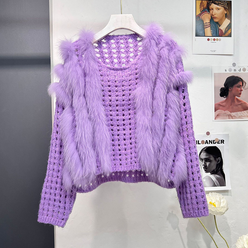 High Quality Fox Fur Decoration Batwing Sleeve Cutout Blouse Knitted Pullover Sweaters for Women