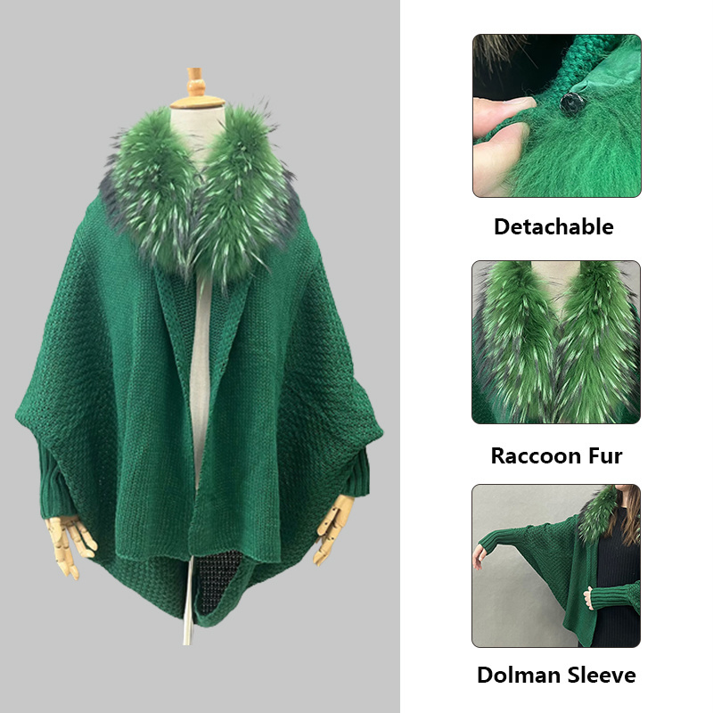 Wholesale Batwing Sleeve Fur Shawl Women Soft Fur Poncho with Real Raccoon Fur Collar