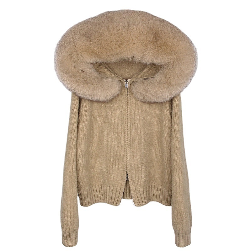 Wholesale Soft Winter Luxury Big Fur Trim Hood Women's Cardigan Sweater