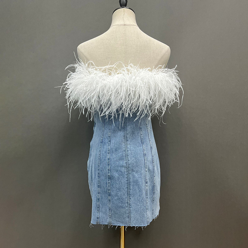 Luxury Evening Party Women Bodycon Sleeveless Denim Dress with Ostrich Feather