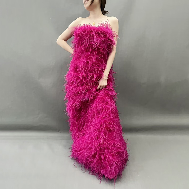 Luxury Custom Made Overlength Evening Dress Women Strapless Ostrich Feather Dress