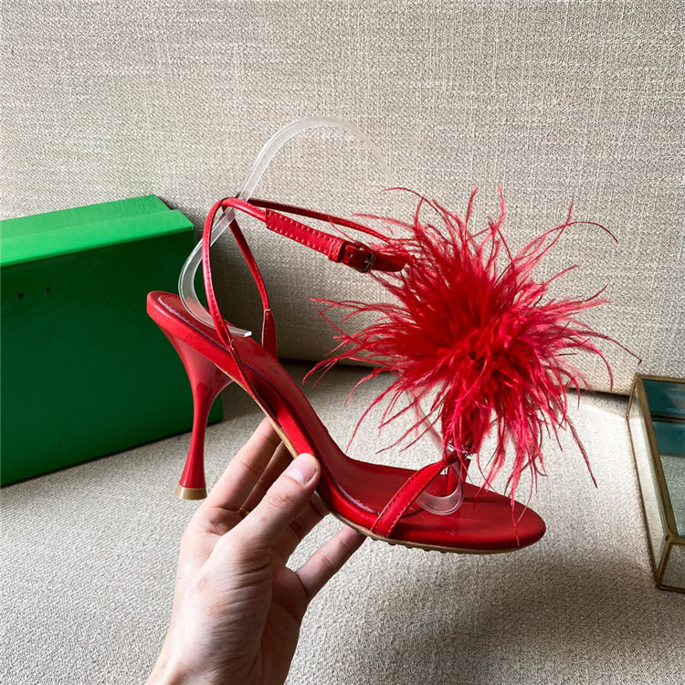 Luxurious European And American Summer Ladies Sandals Ostrich Feather High Heel Shoes Stiletto Heels Shoes