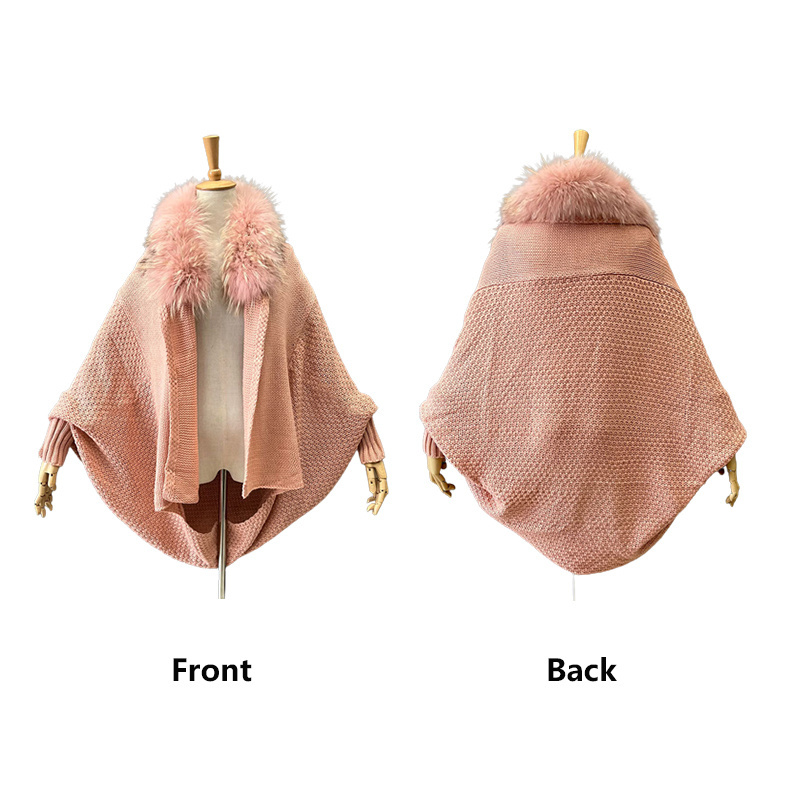 Wholesale Batwing Sleeve Fur Shawl Women Soft Fur Poncho with Real Raccoon Fur Collar