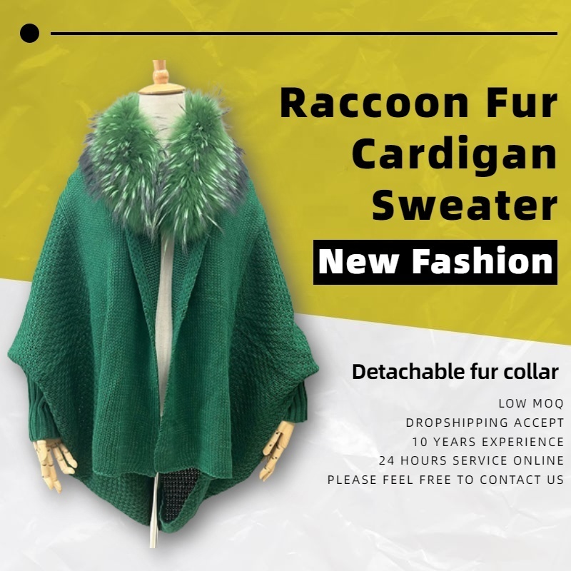 High Quality Luxury Cape Fur Poncho Genuine Raccoon Fur Collar Women Knitted Fur Cardigans Sweater