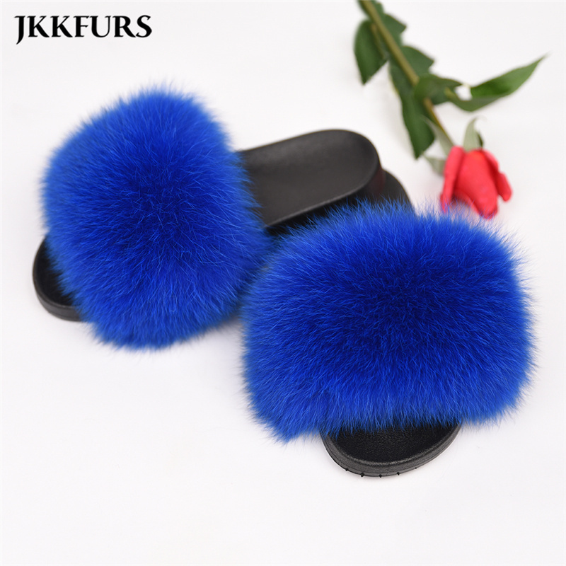 Women Wholesale Real Fox Fur Slide Slipper Cheap Fur Slides Big Fluffy Fur Slippers