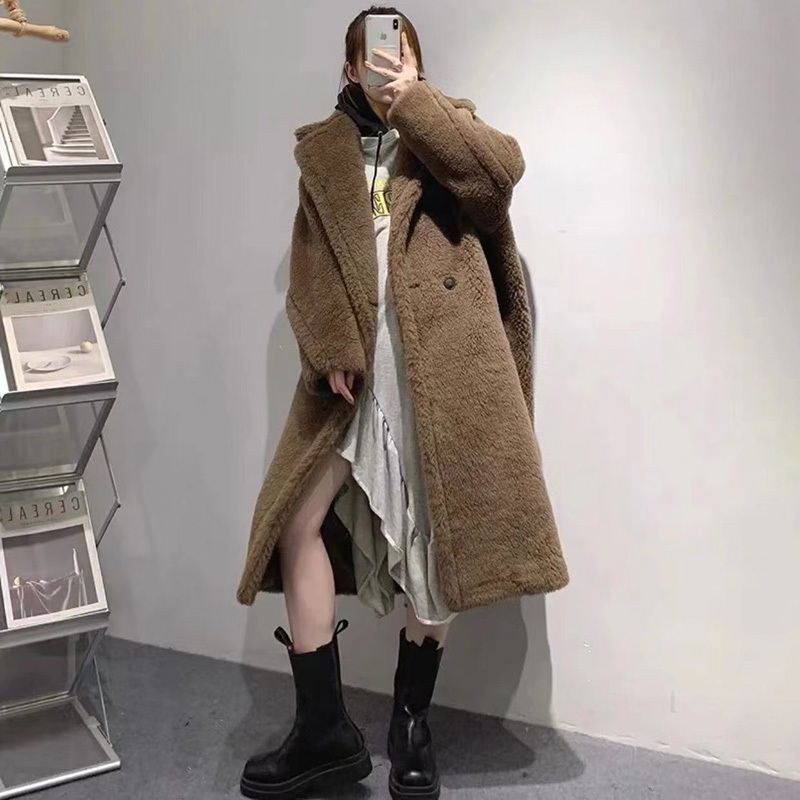 Fashion Design Popular Winter Cashmere Trench Alpaca Teddy Coat Women Long Lamb Wool Coat