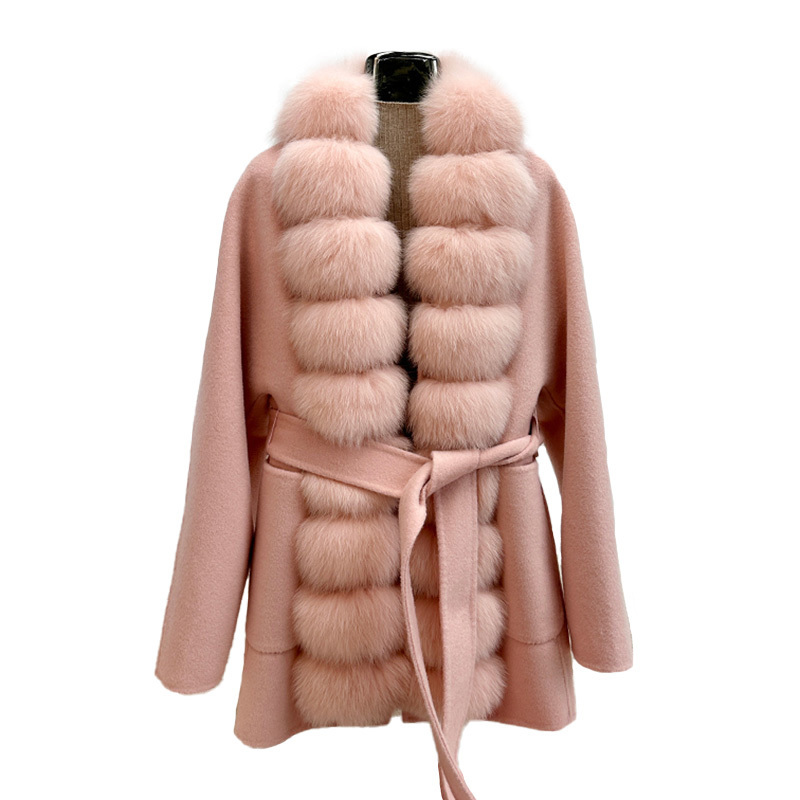 High Quality Detachable Fox Fur Trim Cashmere Coat Women Solid Color Wool Coat with Fur