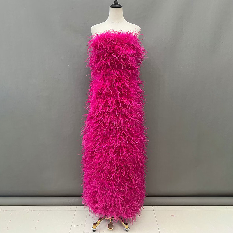 Luxury Custom Made Overlength Evening Dress Women Strapless Ostrich Feather Dress