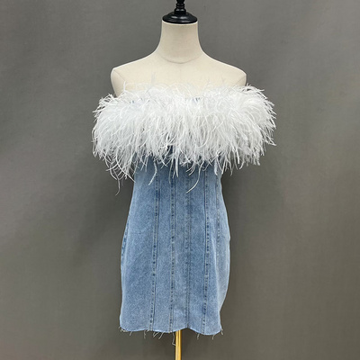 Luxury Evening Party Women Bodycon Sleeveless Denim Dress with Ostrich Feather