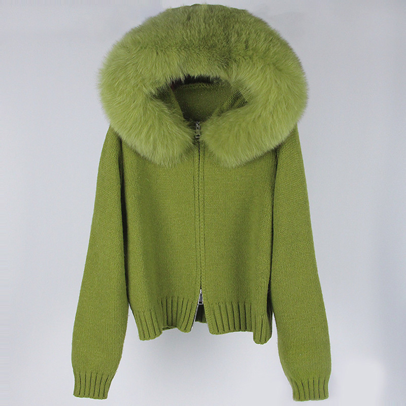 Wholesale Soft Winter Luxury Big Fur Trim Hood Women's Cardigan Sweater