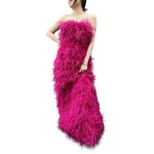 Luxury Custom Made Overlength Evening Dress Women Strapless Ostrich Feather Dress