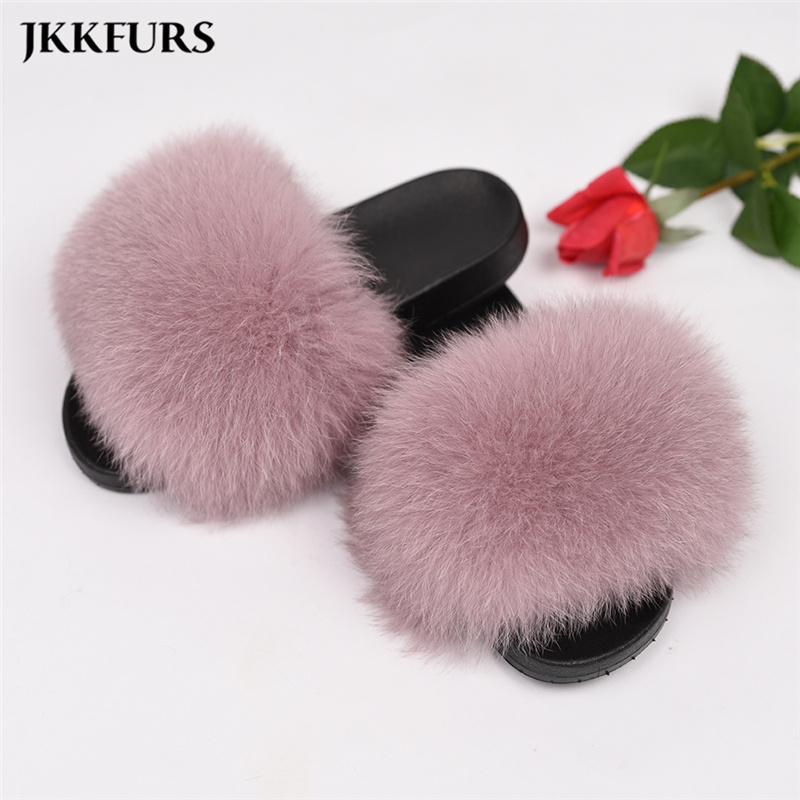 Women Wholesale Real Fox Fur Slide Slipper Cheap Fur Slides Big Fluffy Fur Slippers