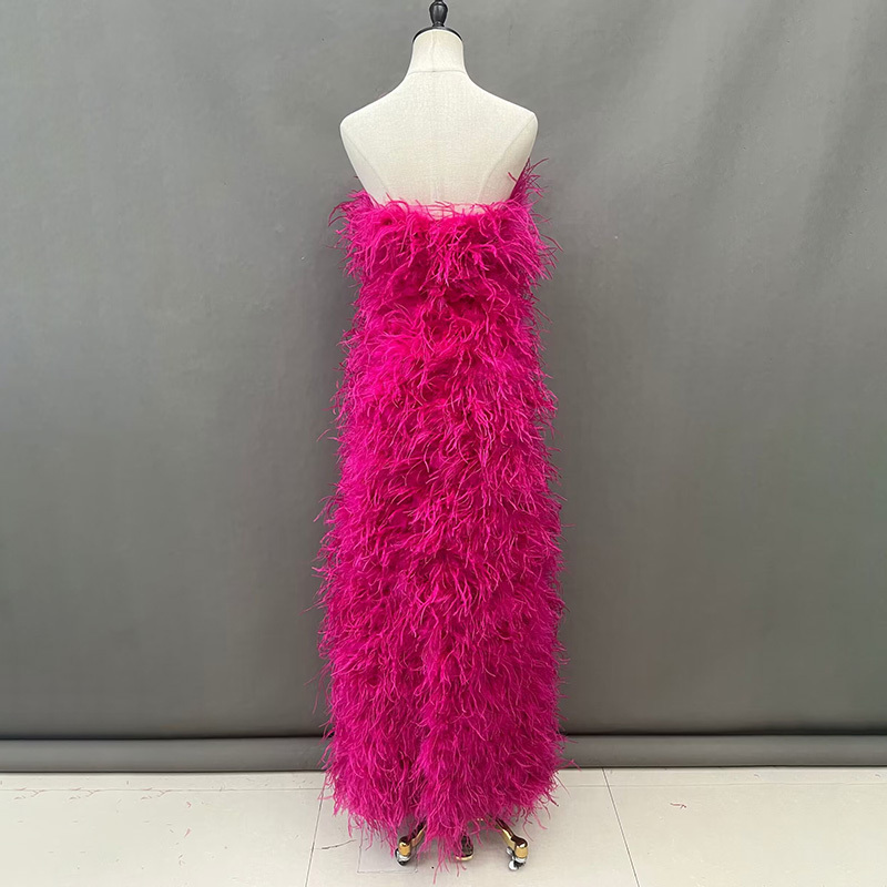 Luxury Custom Made Overlength Evening Dress Women Strapless Ostrich Feather Dress