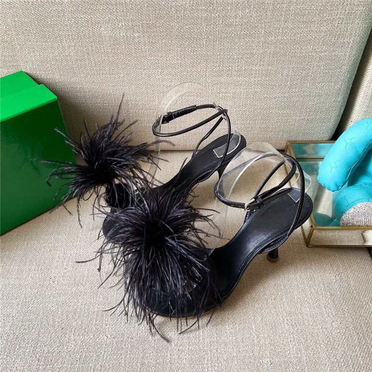 Sexy Ostrich Fur Fluffy Feather Party Wedding Shoes Ostrich Fur Women Sandals Heels