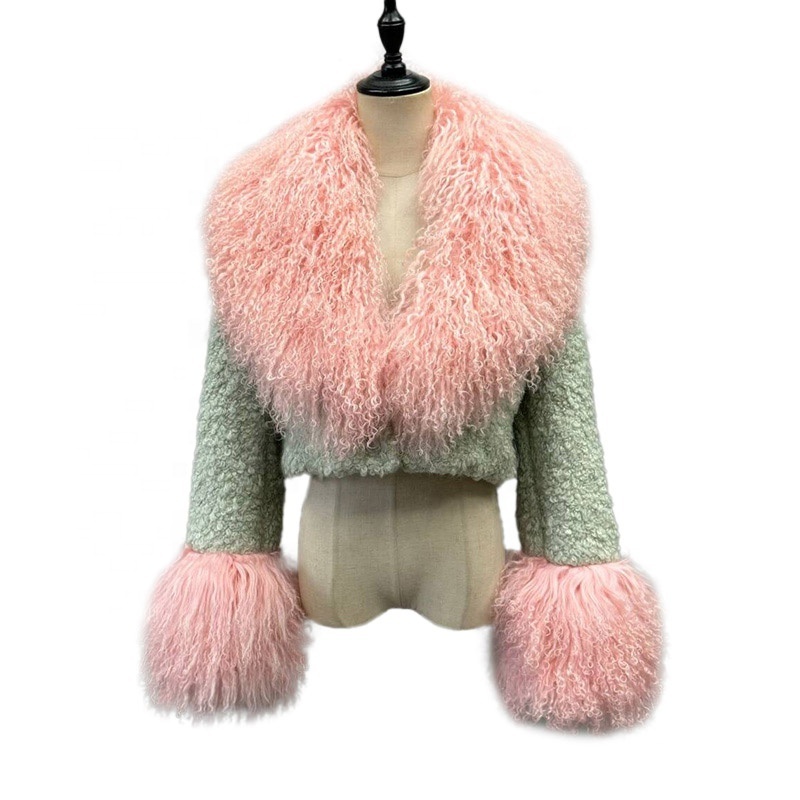 Wholesale Luxury Winter Cropped Natural Sheep Fur Wool Jacket Short Fluffy Mongolian Lamb Fur Coat for Women