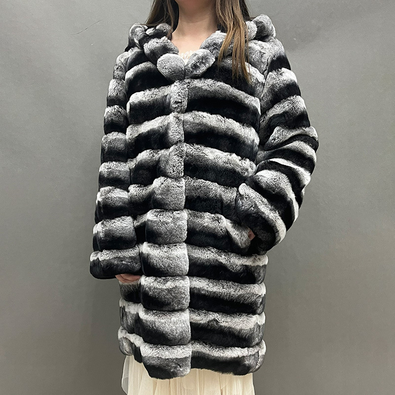 Women Winter Long Hooded Overcoat Real Rex Rabbit Fur Coat Chinchilla Fur Coat