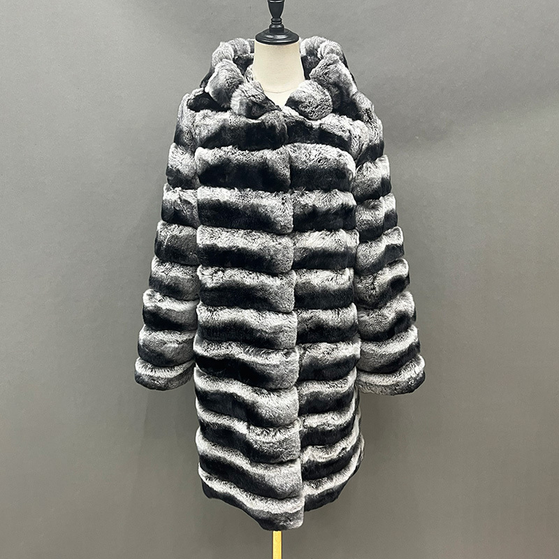 Women Winter Long Hooded Overcoat Real Rex Rabbit Fur Coat Chinchilla Fur Coat