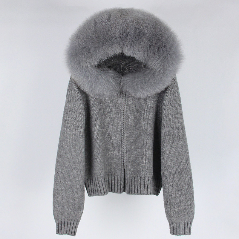 Wholesale Soft Winter Luxury Big Fur Trim Hood Women's Cardigan Sweater