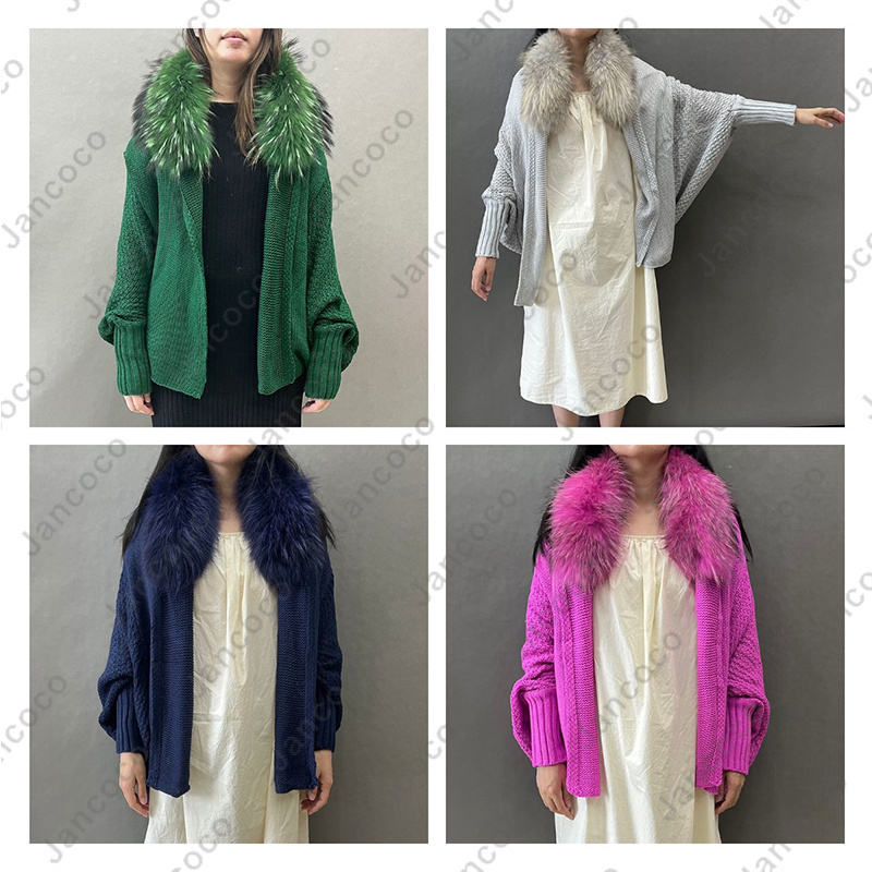 Wholesale Batwing Sleeve Fur Shawl Women Soft Fur Poncho with Real Raccoon Fur Collar