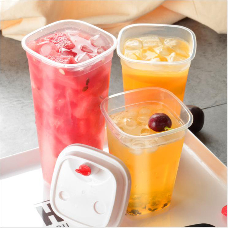 17oz~33oz disposable printed custom logo Square PP Plastic Bubble tea frosted injection cups for cold drink beverage milk tea