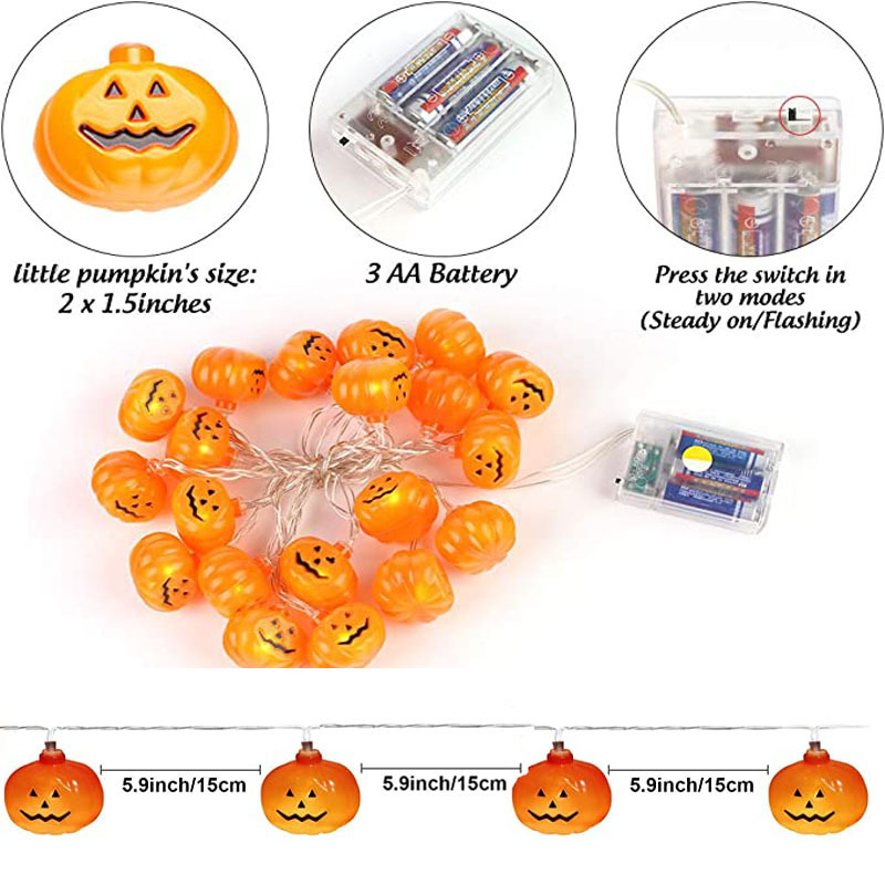 Halloween String Lights, Battery Operated 8 Mode Waterproof Pumpkin String Lights for Halloween Party Decorations