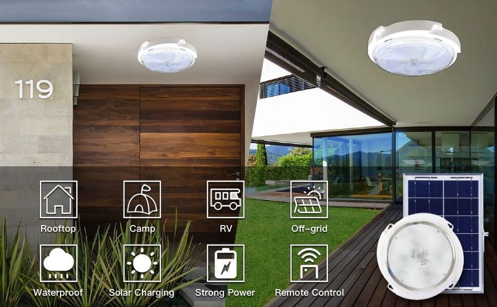 Solar Ceiling Lights Indoor and Outdoor, Integrated Cool White and Warm White Switchable 1000Lumen for Barn, Porch, Patio