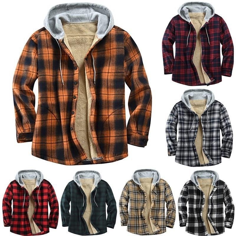 Coat 2023 new plaid long-sleeved hooded compound fleece loose men's jacket