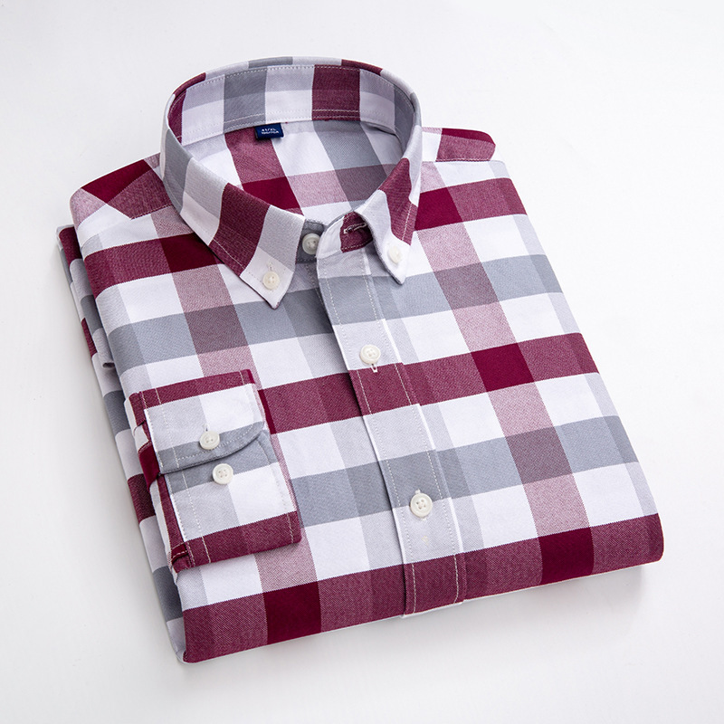 Men's casual long-sleeved shirt Oxford cotton anti-wrinkle Yarn dyed anti-fade checked shirts