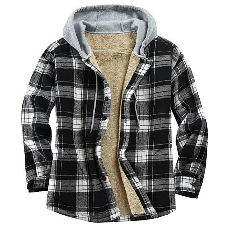 Coat 2023 new plaid long-sleeved hooded compound fleece loose men's jacket