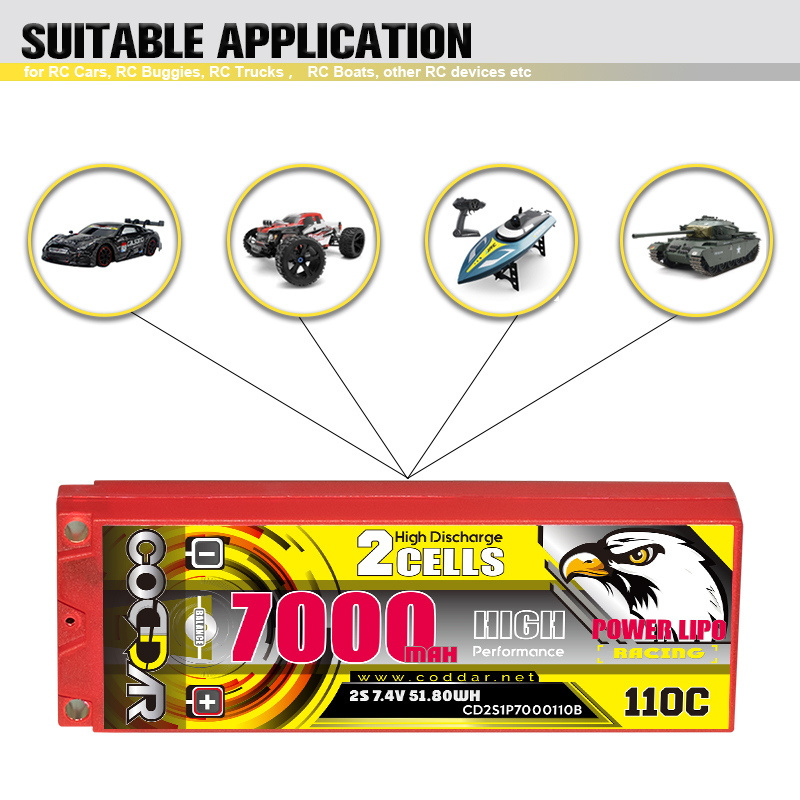 CODDAR 2S 7000MAH 7.4V 110C Hard Case 5mm Bullet Stick Pack 1/10 Scale RC Car Boat RC LiPo Battery Pack