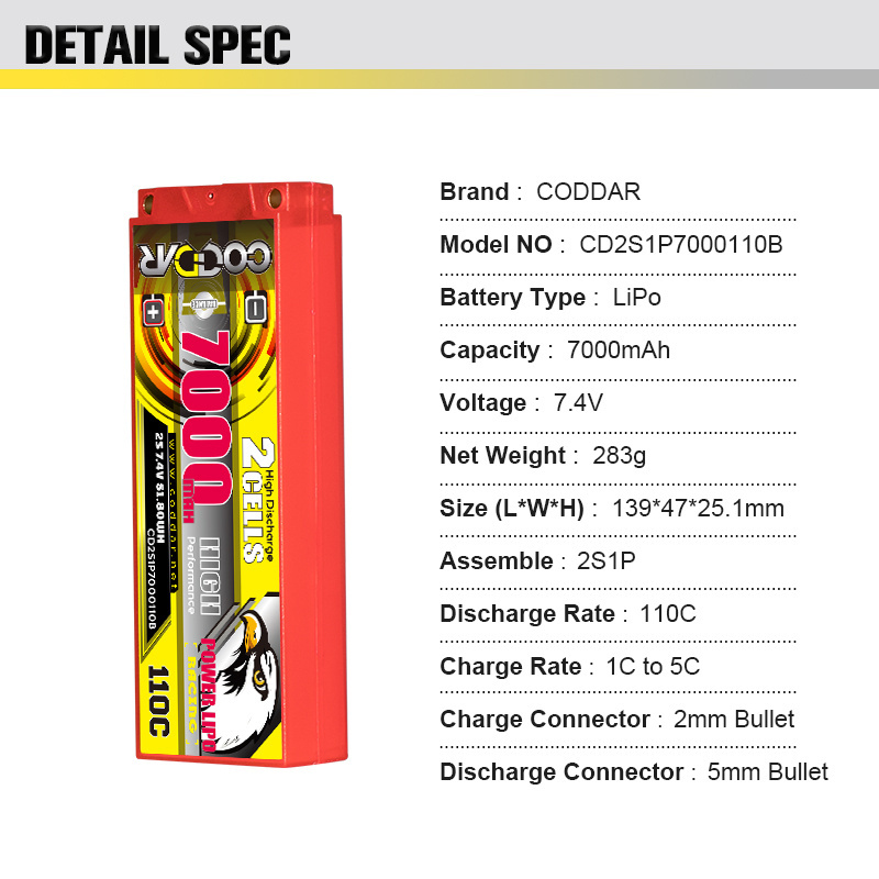 CODDAR 2S 7000MAH 7.4V 110C Hard Case 5mm Bullet Stick Pack 1/10 Scale RC Car Boat RC LiPo Battery Pack