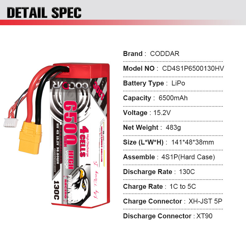 CODDAR 4S 6500MAH 15.2V 130C Cabled Hard Case RC Car Boat  XT90 XT60 EC5 DEANS TRX Thin 4S LCG RC LiPo Battery Pack