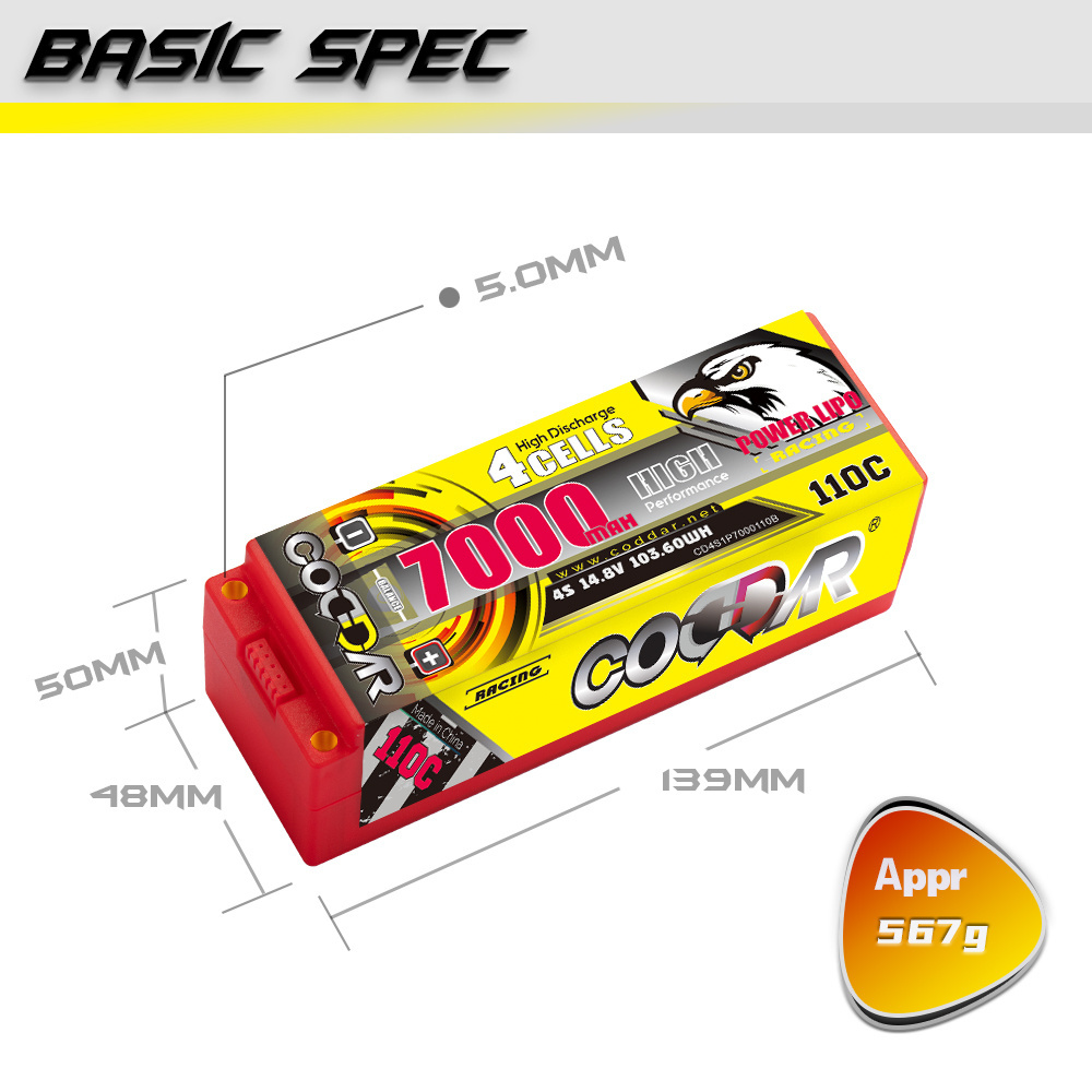 CODDAR LiPo Battery 4S 7000MAH 14.8V 110C Hard Case 5mm Bullet Stick Pack 1/10 scale RC cars