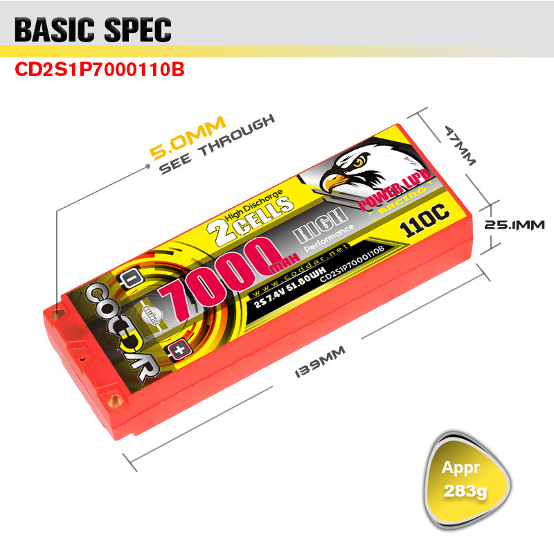 CODDAR 2S 7000MAH 7.4V 110C Hard Case 5mm Bullet Stick Pack 1/10 Scale RC Car Boat RC LiPo Battery Pack