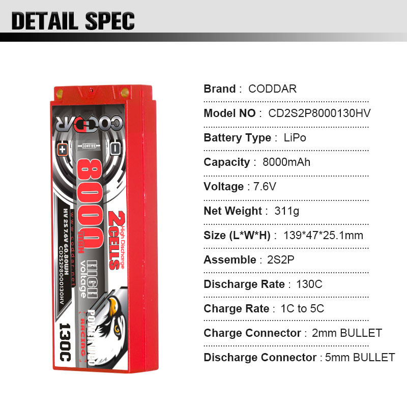 CODDAR RC LiPo Battery 2S 8000MAH HV 7.6V 130C Hard Case 5mm Bullet Stick Pack 1/10 scale Racing RC cars LiHV