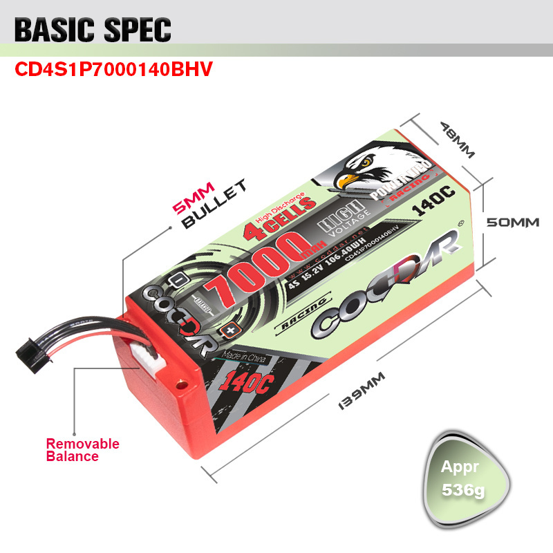 CODDAR LiPo Battery 4S 7000MAH HV 15.2V 140C Hard Case 5mm Bullet Pack 1/8 scale RC cars LiHV