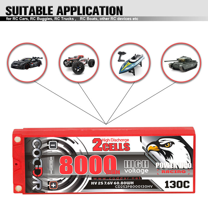 CODDAR RC LiPo Battery 2S 8000MAH HV 7.6V 130C Hard Case 5mm Bullet Stick Pack 1/10 scale Racing RC cars LiHV