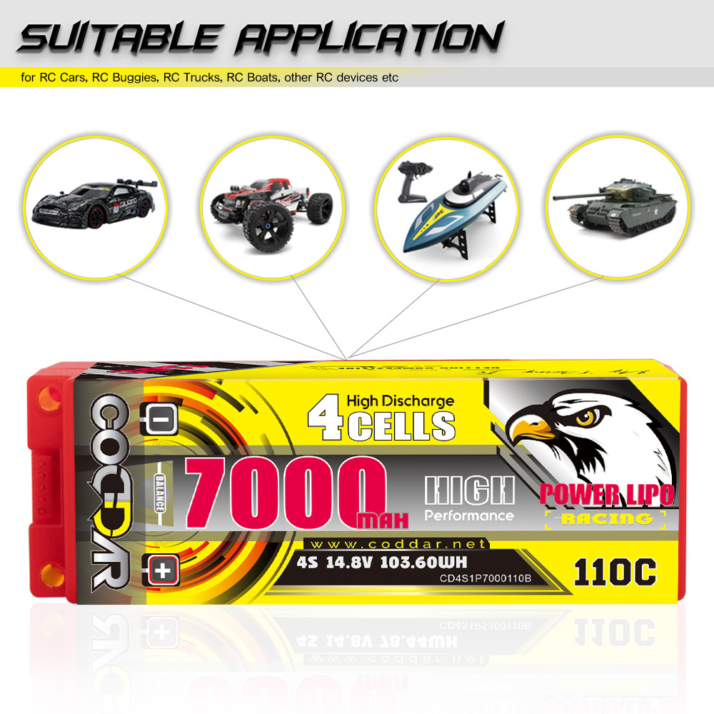 CODDAR LiPo Battery 4S 7000MAH 14.8V 110C Hard Case 5mm Bullet Stick Pack 1/10 scale RC cars