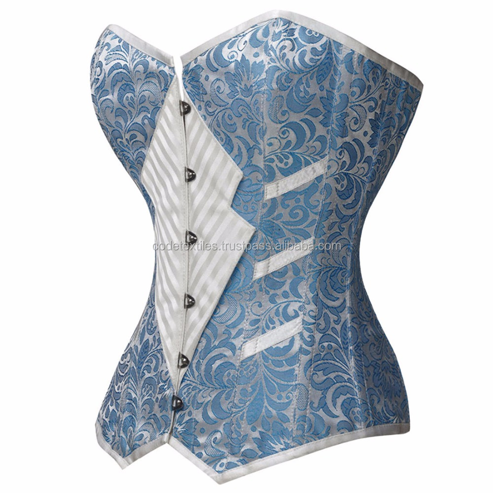 Fashion Design Mature Blue Overbust Brocade Flower Bustier Corset