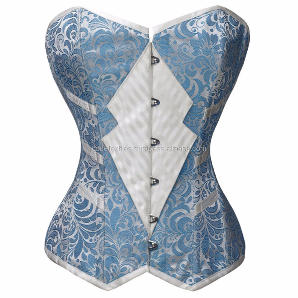 Fashion Design Mature Blue Overbust Brocade Flower Bustier Corset