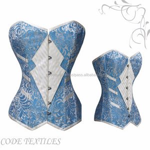 Fashion Design Mature Blue Overbust Brocade Flower Bustier Corset