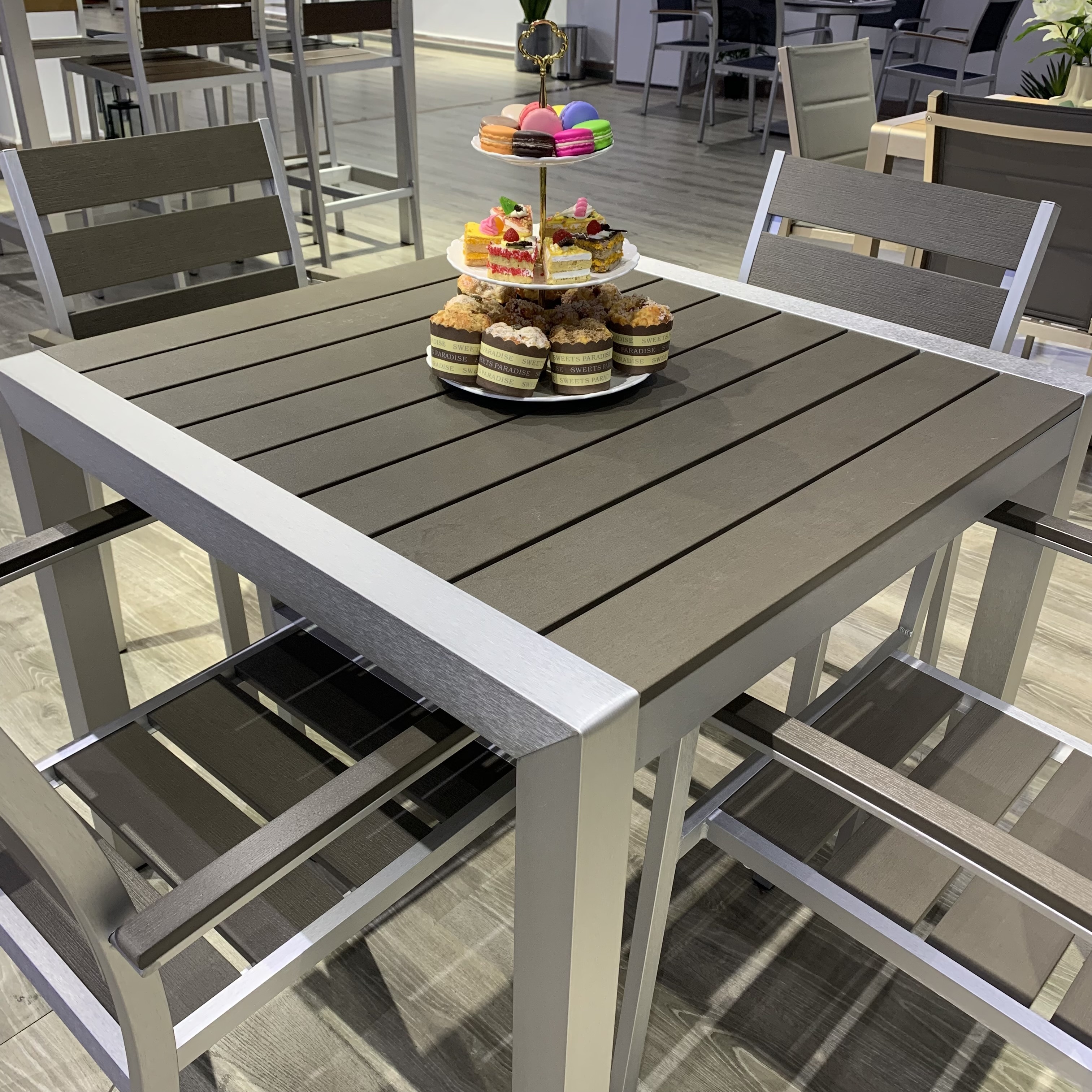 Coets Brand Outdoor furniture brushed aluminum Frame plastic wood restaurant patio outdoor tables and chairs set