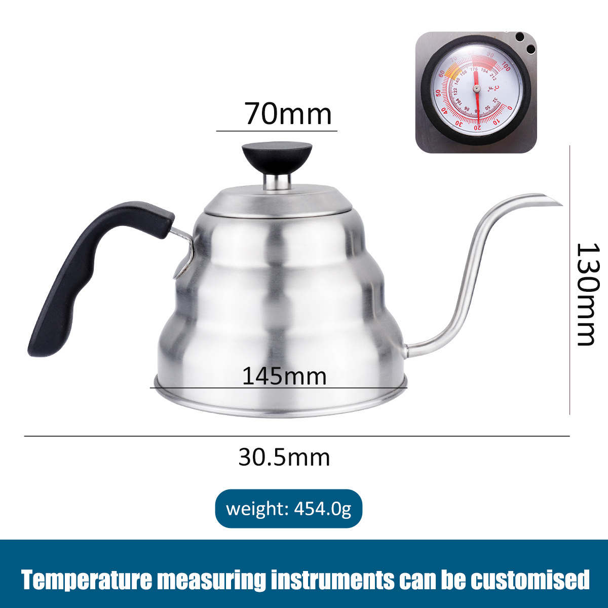 Pour Over Drip Kettle Stove Top 1.2 L Gooseneck Tea Pot Stainless Steel Black Coffee Kettle With Thermometer